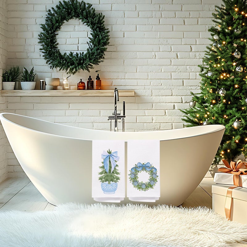 SPBL&L Chinoiserie Christmas Kitchen Towels, Blue Bow Coquette Christmas Tree Dish Towels for Kitchen Bathroom,Light Blue Christmas Hand Towels for Bathroom, Grandmillennial Decor,16x24 Inches Set of 2 - Image 3